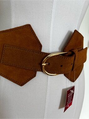 Brown Suede Wide Waist Belt with Gold Buckle